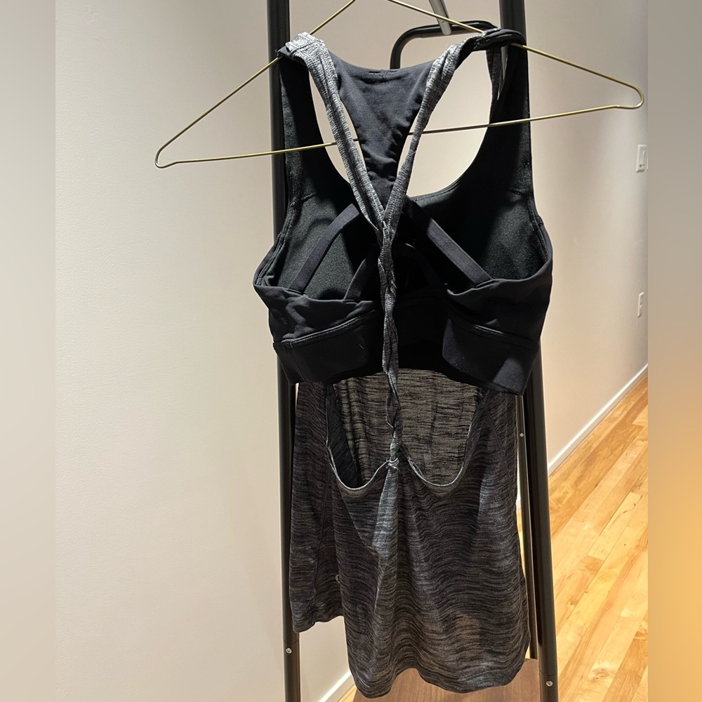 Gray tank top with black sports bra attached